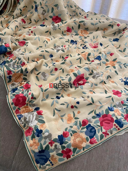 Beige Parsi Gara Saree With Multicolour Embroidery