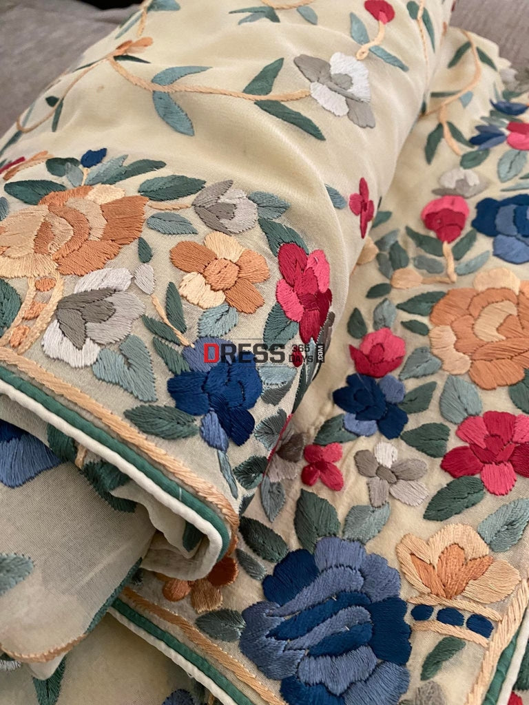 Beige Parsi Gara Saree With Multicolour Embroidery