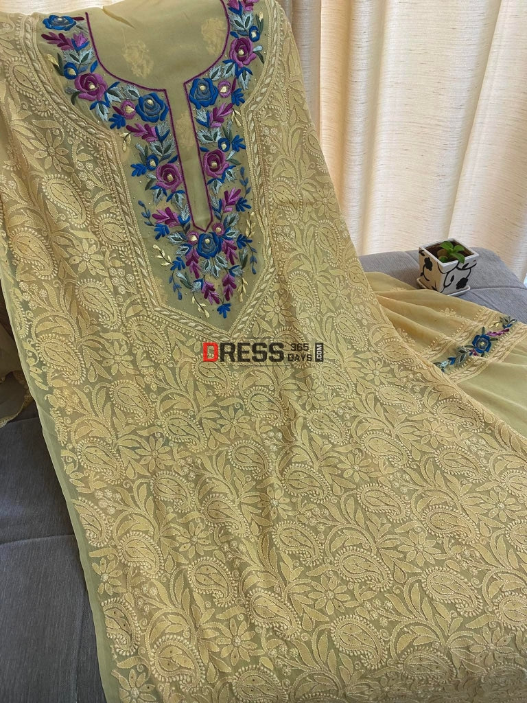Beige Parsi Neckline Chikankari Suit Suits