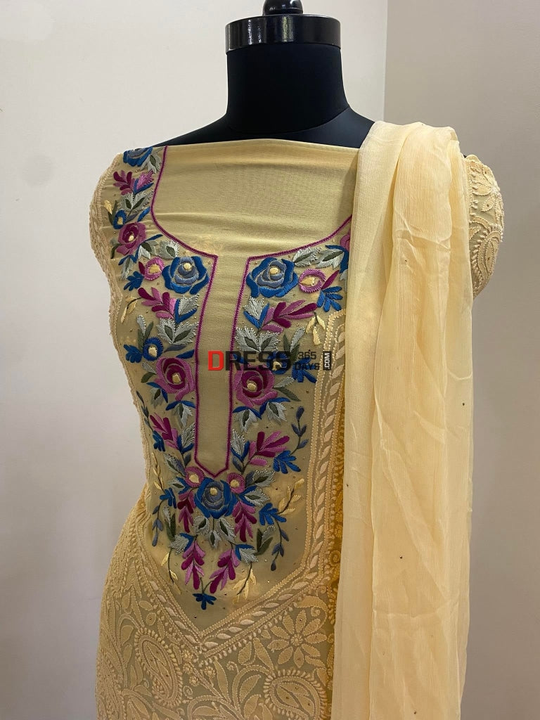 Beige Parsi Neckline Chikankari Suit Suits