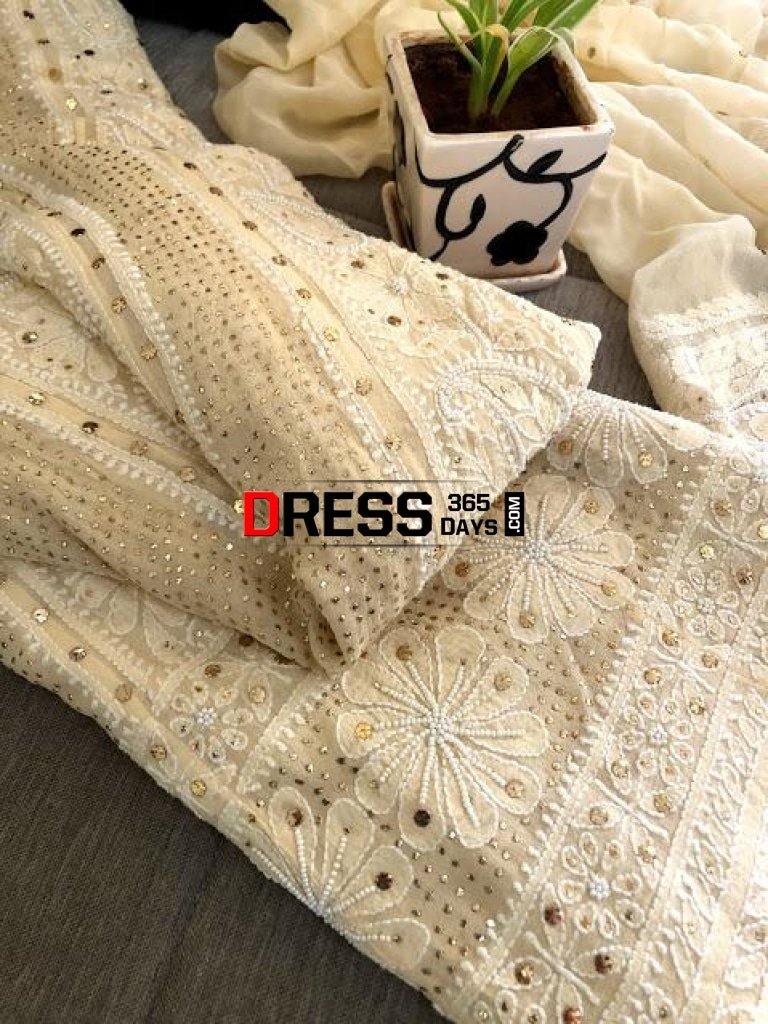 Beige Pearl & Kamdani Chikankari Anarkali Suit