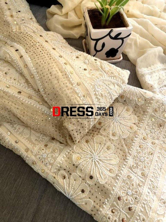 Beige Pearl & Kamdani Chikankari Anarkali Suit