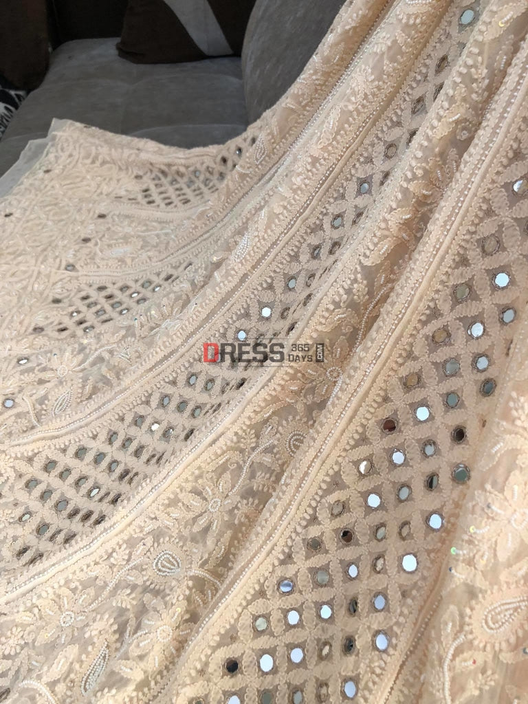 Beige Pearl & Mirror Chikankari Anarkali Suit