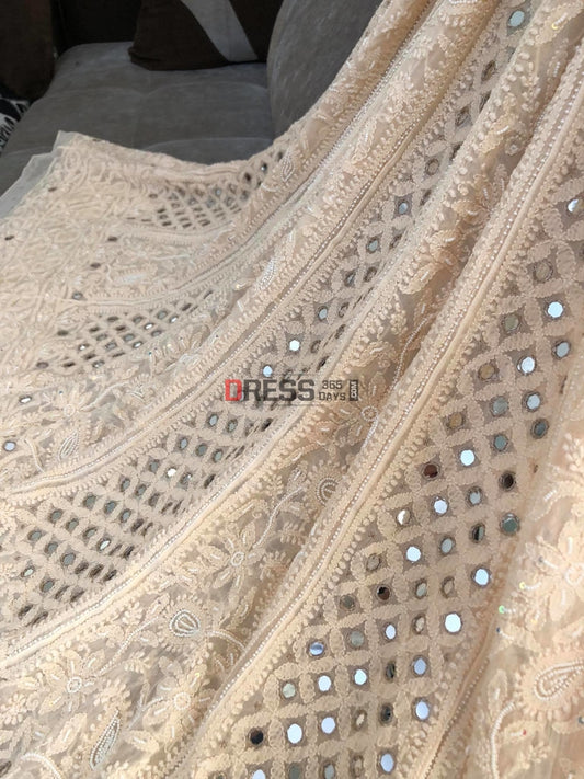 Beige Pearl & Mirror Chikankari Anarkali Suit