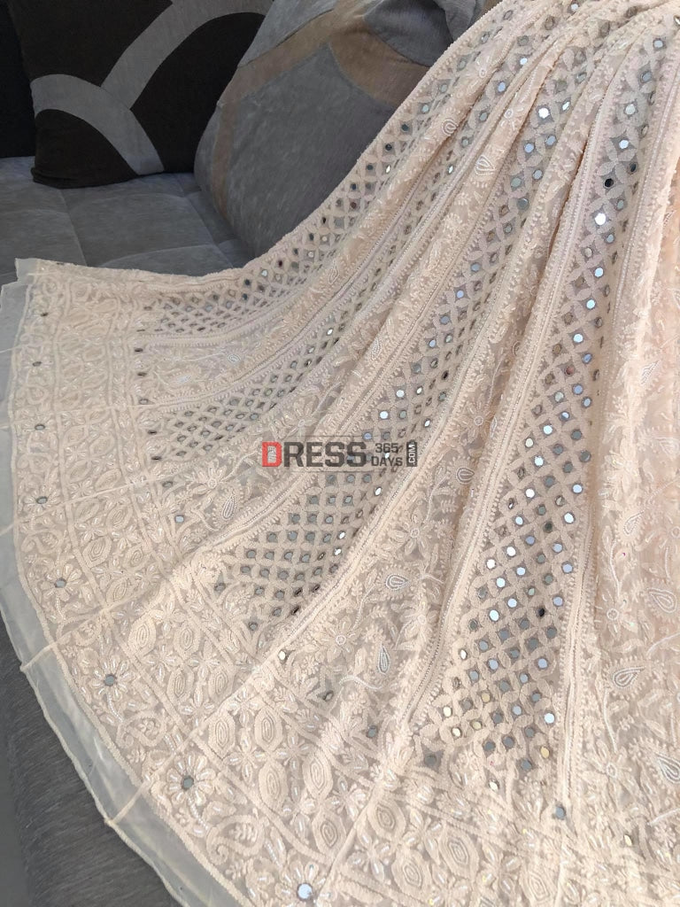 Beige Pearl & Mirror Chikankari Anarkali Suit