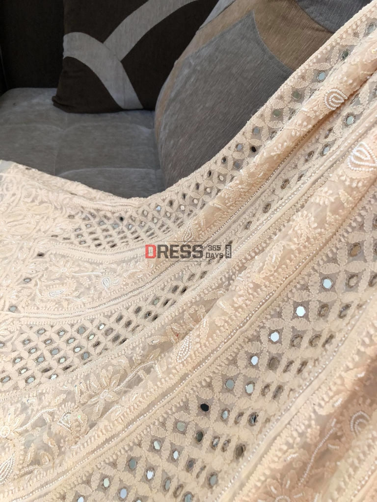 Beige Pearl & Mirror Chikankari Anarkali Suit