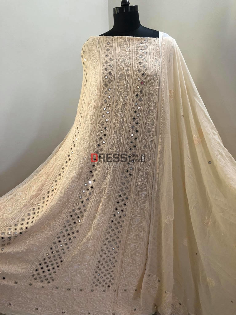 Beige Pearl & Mirror Chikankari Anarkali Suit