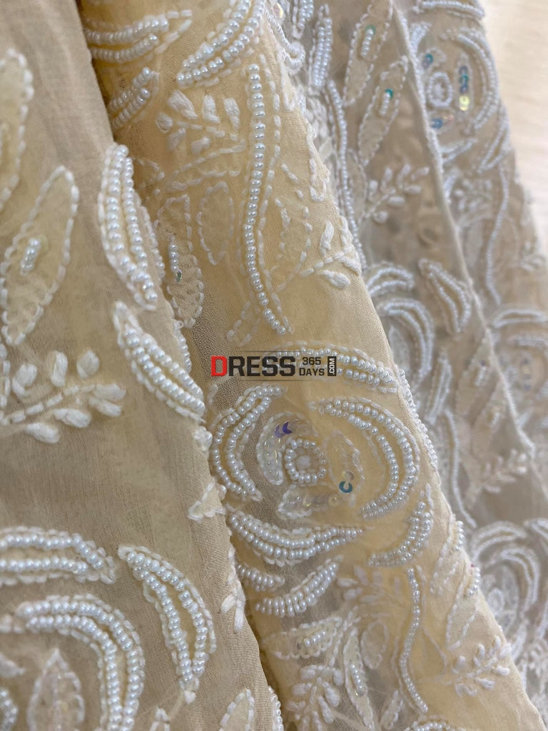 Beige Pearl & Mirror Chikankari Dupatta