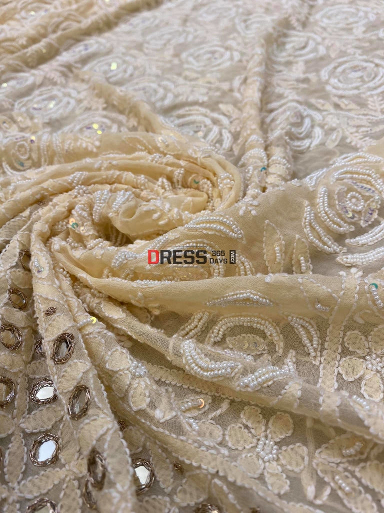 Beige Pearl & Mirror Chikankari Dupatta