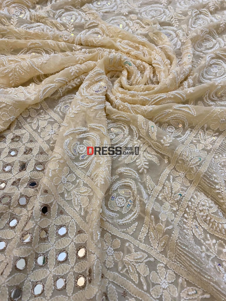 Beige Pearl & Mirror Chikankari Dupatta