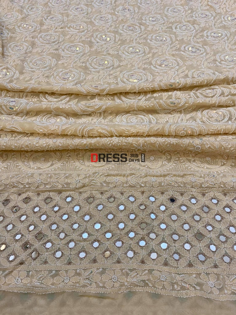 Beige Pearl & Mirror Chikankari Dupatta