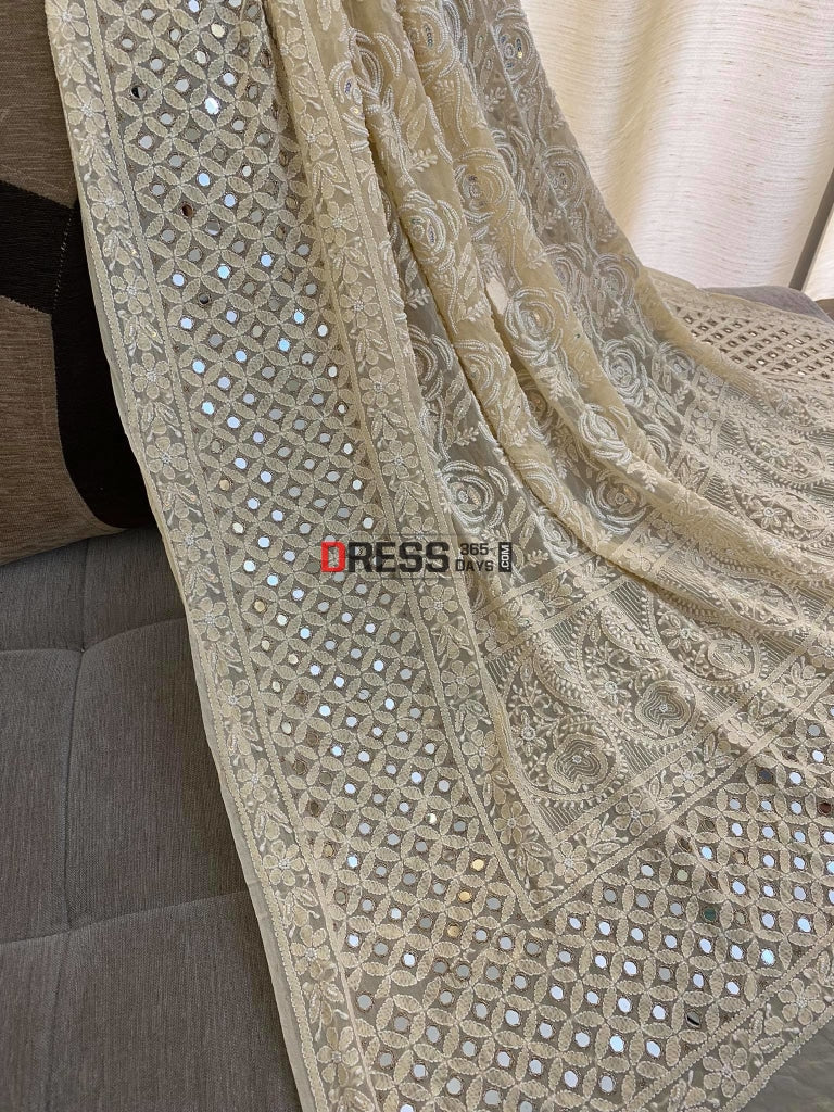 Beige Pearl & Mirror Chikankari Dupatta