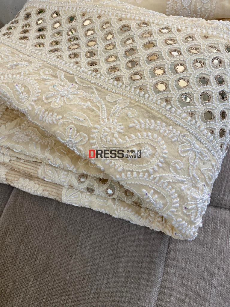 Beige Pearl & Mirror Work Lucknowi Anarkali Suit Chikankari
