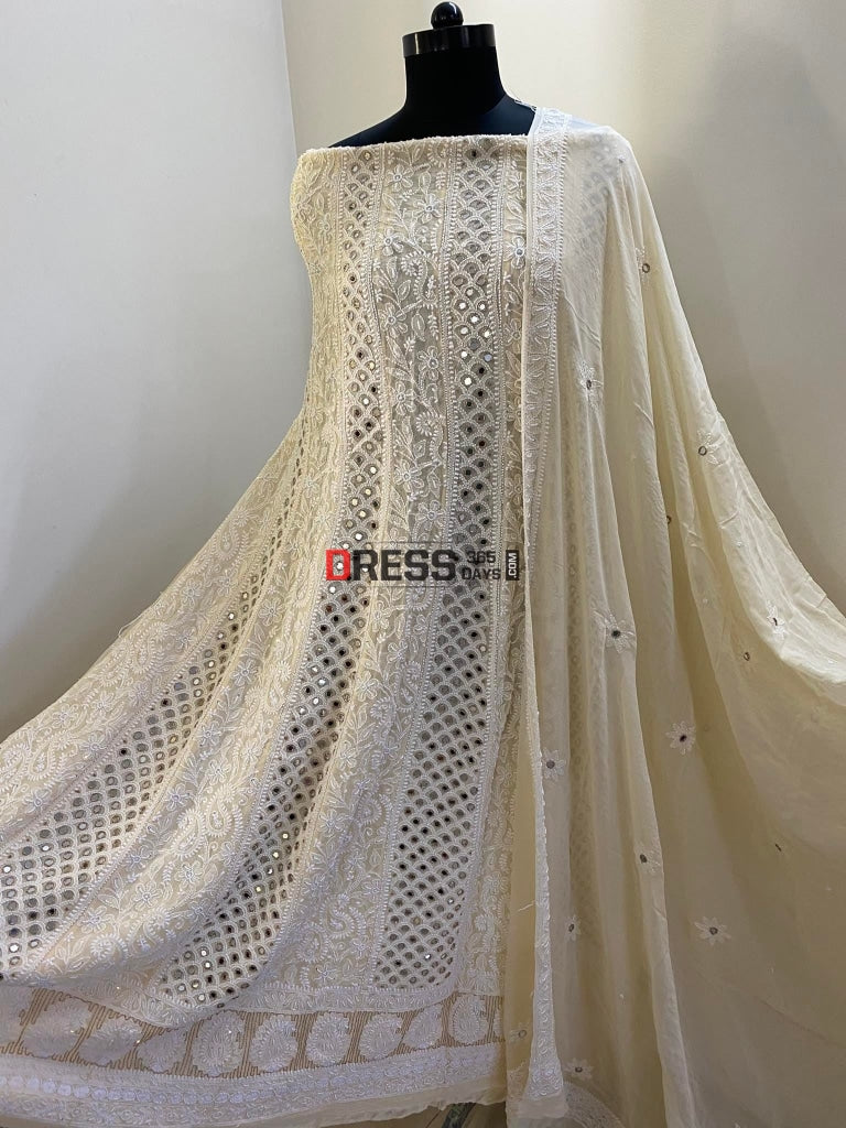 Beige Pearl & Mirror Work Lucknowi Anarkali Suit Chikankari