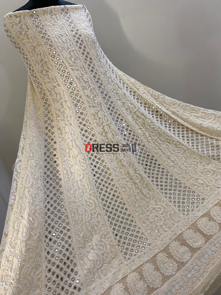 Beige Pearl & Mirror Work Lucknowi Anarkali Suit Chikankari