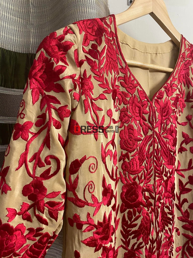 Beige & Red Parsi Gara Hand Embroidered Jacket Suits