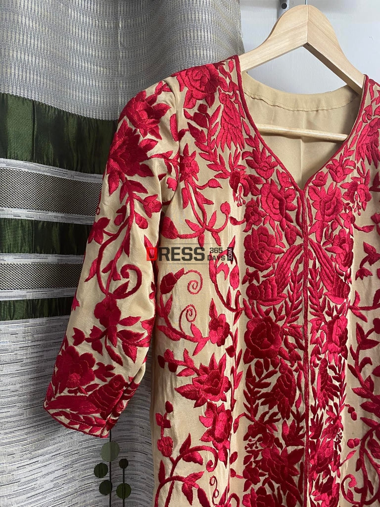 Beige & Red Parsi Gara Hand Embroidered Jacket Suits