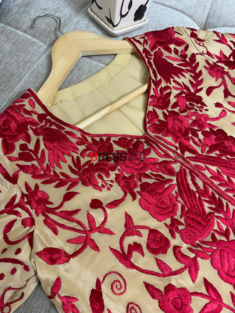 Beige & Red Parsi Gara Hand Embroidered Jacket Suits