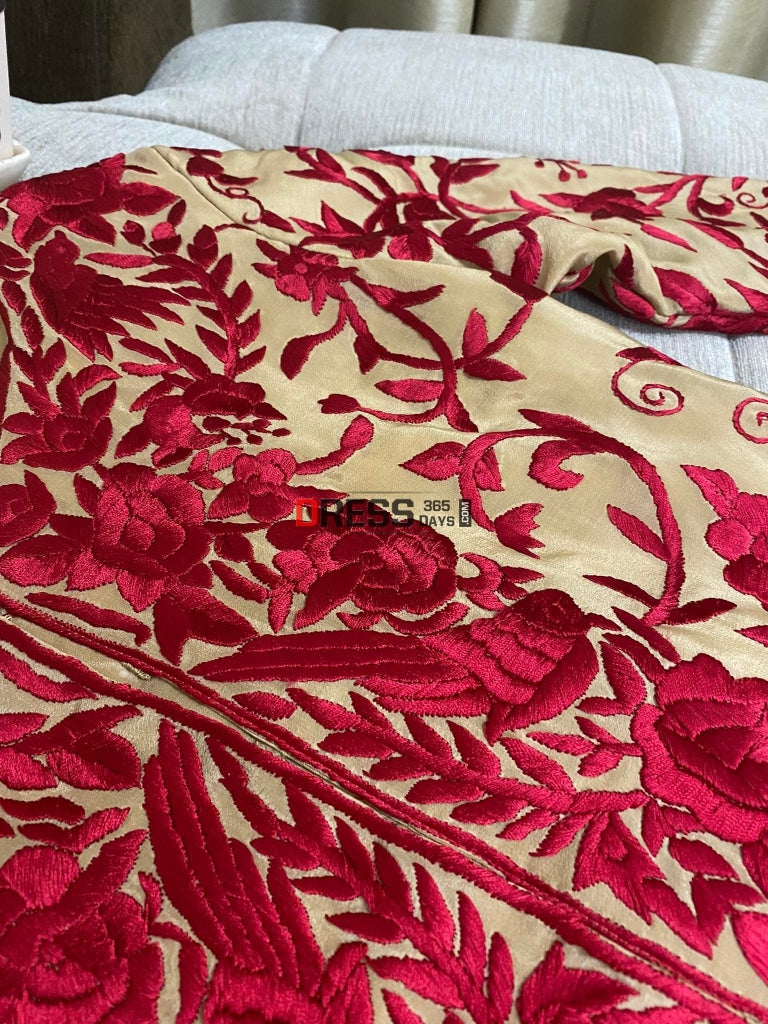 Beige & Red Parsi Gara Hand Embroidered Jacket Suits