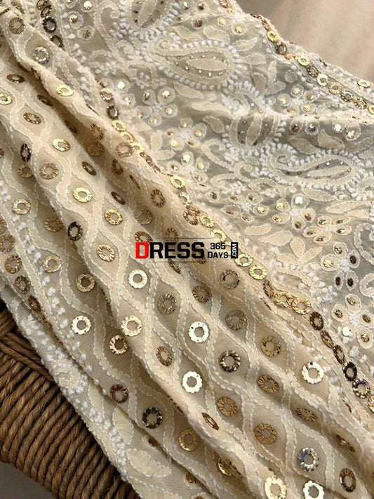 Beige Ring Mukaish Chikankari Lehenga Skirt