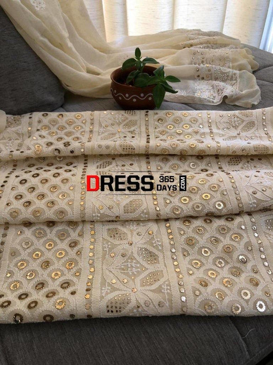 Beige Ring Mukaish Lucknowi Chikankari Suit Suits