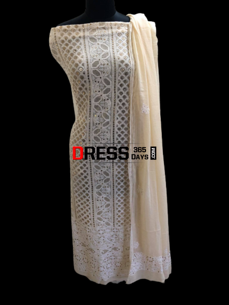 Beige Ring Mukaish Lucknowi Chikankari Suit Suits