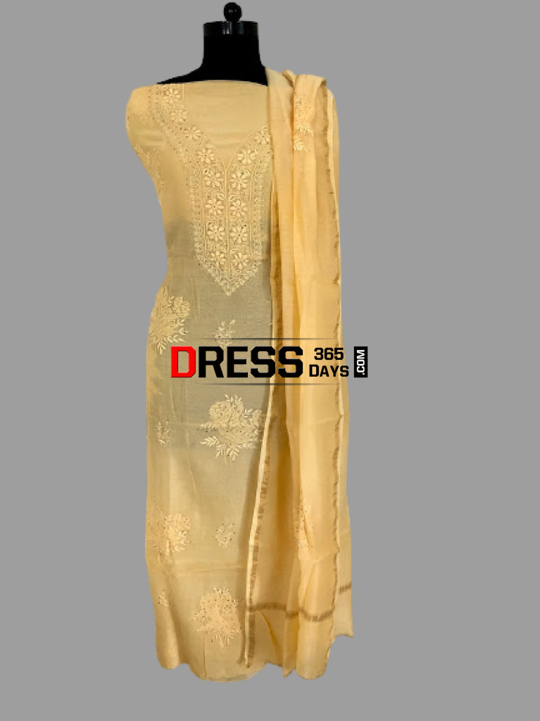 Beige Yellow Mukaish Chikankari Suit (Chanderi) Suits
