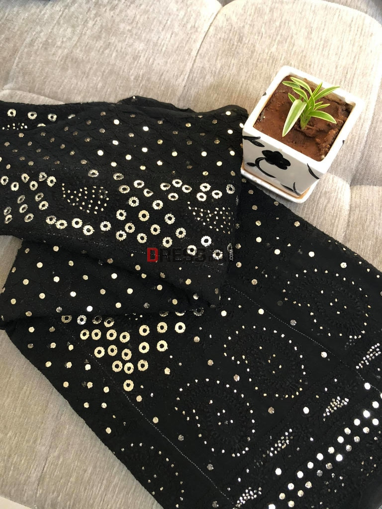 Black Anarkali Suit With Ring Mukaish Chikankari