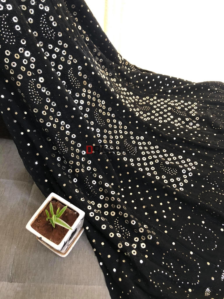 Black Anarkali Suit With Ring Mukaish Chikankari