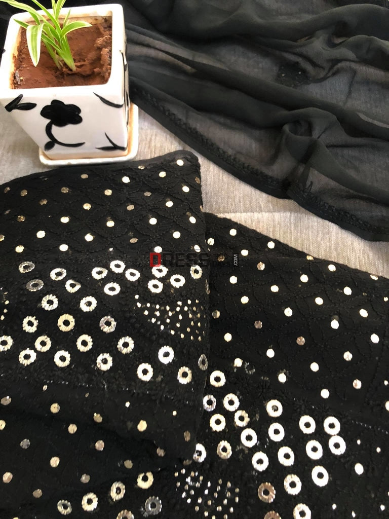 Black Anarkali Suit With Ring Mukaish Chikankari