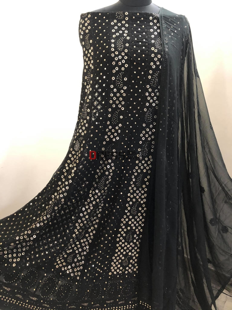 Black Anarkali Suit With Ring Mukaish Chikankari