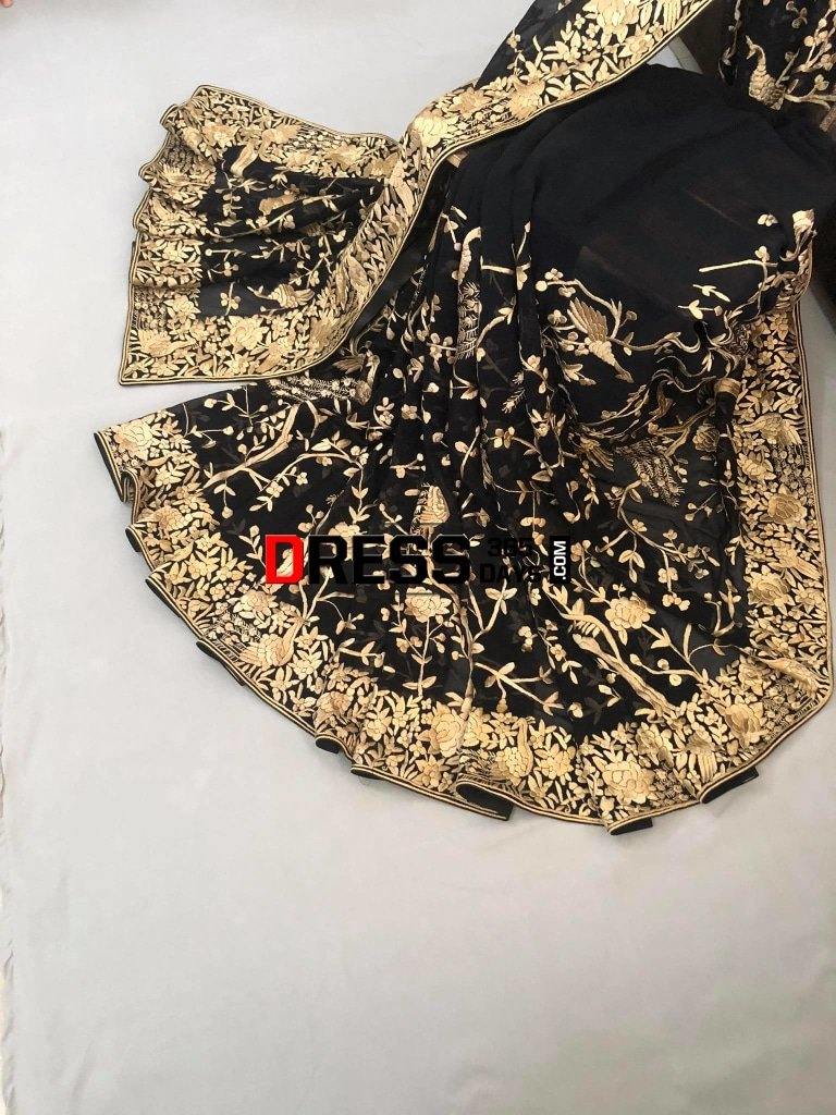 Black And Gold Hand Embroidered Parsi Gara Saree Saree