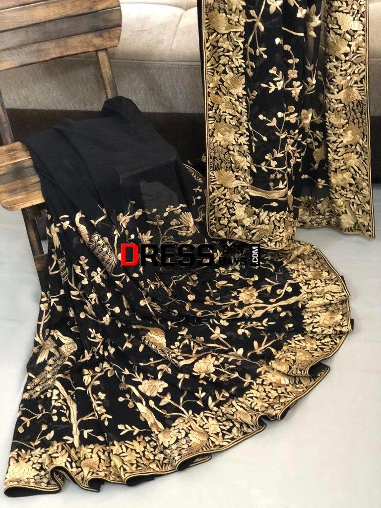 Black And Gold Hand Embroidered Parsi Gara Saree