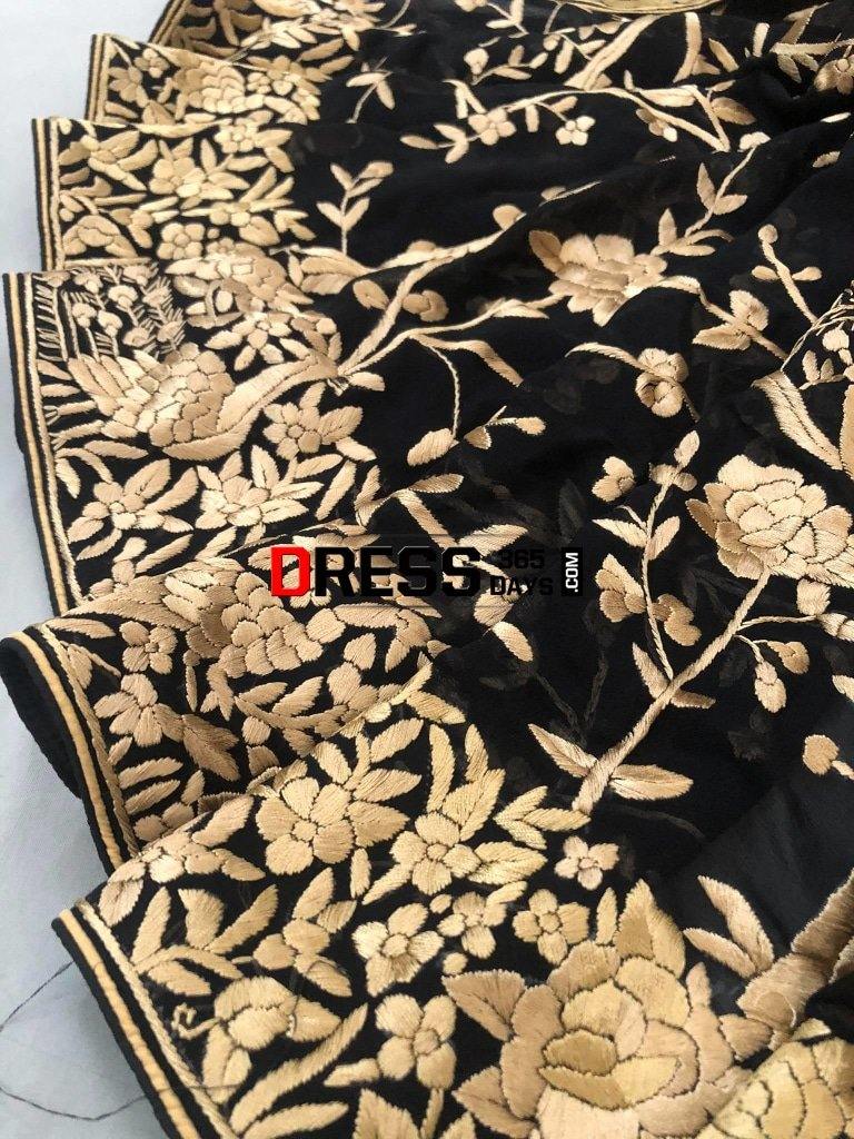 Black And Gold Hand Embroidered Parsi Gara Saree Saree