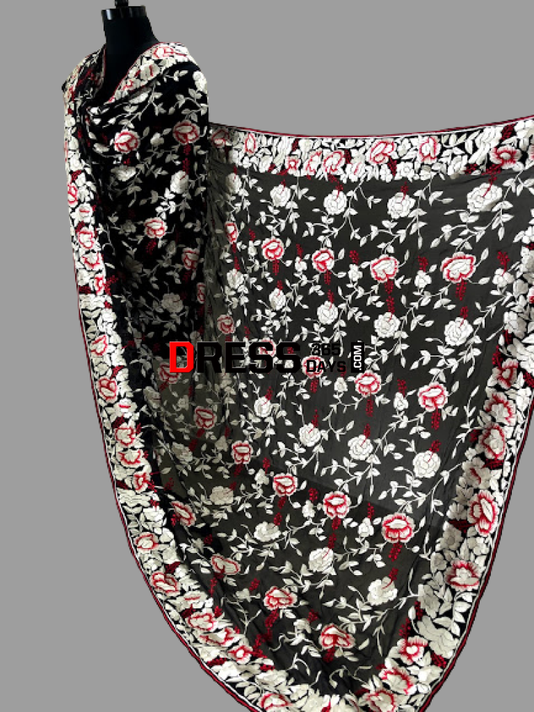 Black and Ivory Hand Embroidered Parsi Gara Dupatta - Dress365days