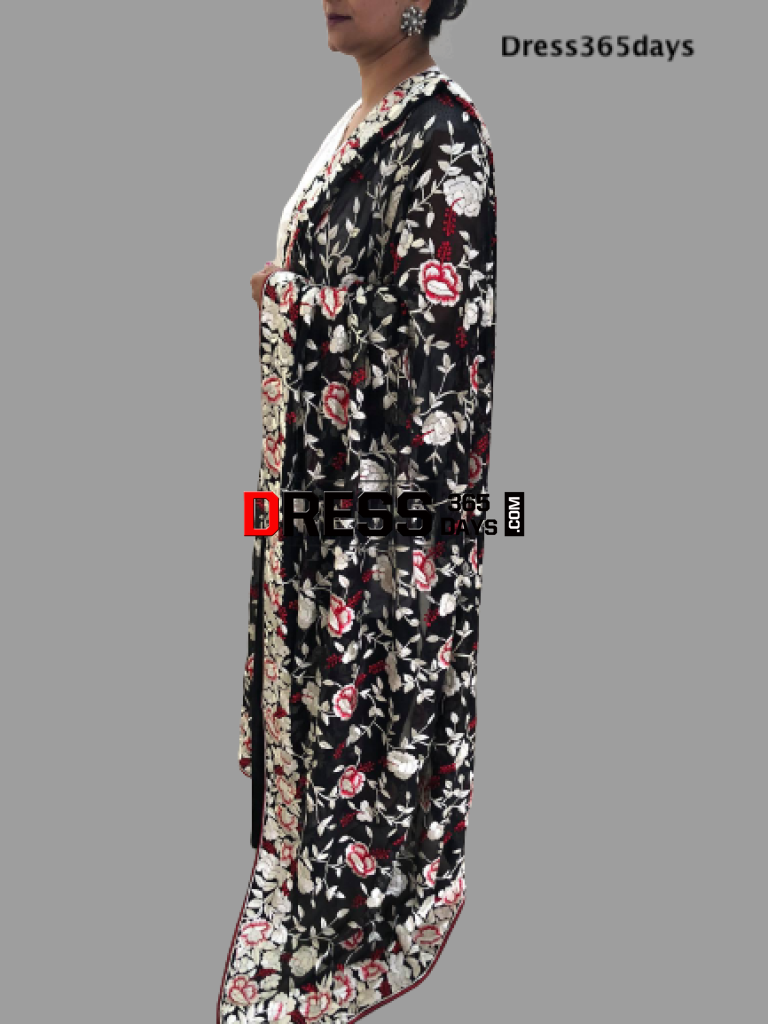 Black and Ivory Hand Embroidered Parsi Gara Dupatta - Dress365days