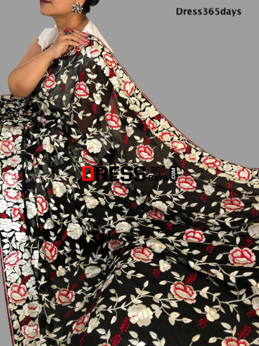 Black and Ivory Hand Embroidered Parsi Gara Dupatta - Dress365days