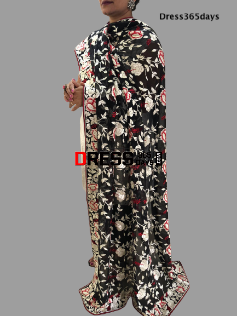 Black and Ivory Hand Embroidered Parsi Gara Dupatta - Dress365days