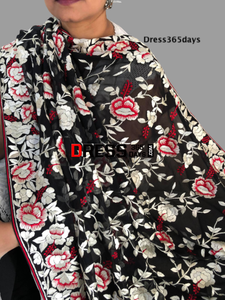Black and Ivory Hand Embroidered Parsi Gara Dupatta - Dress365days