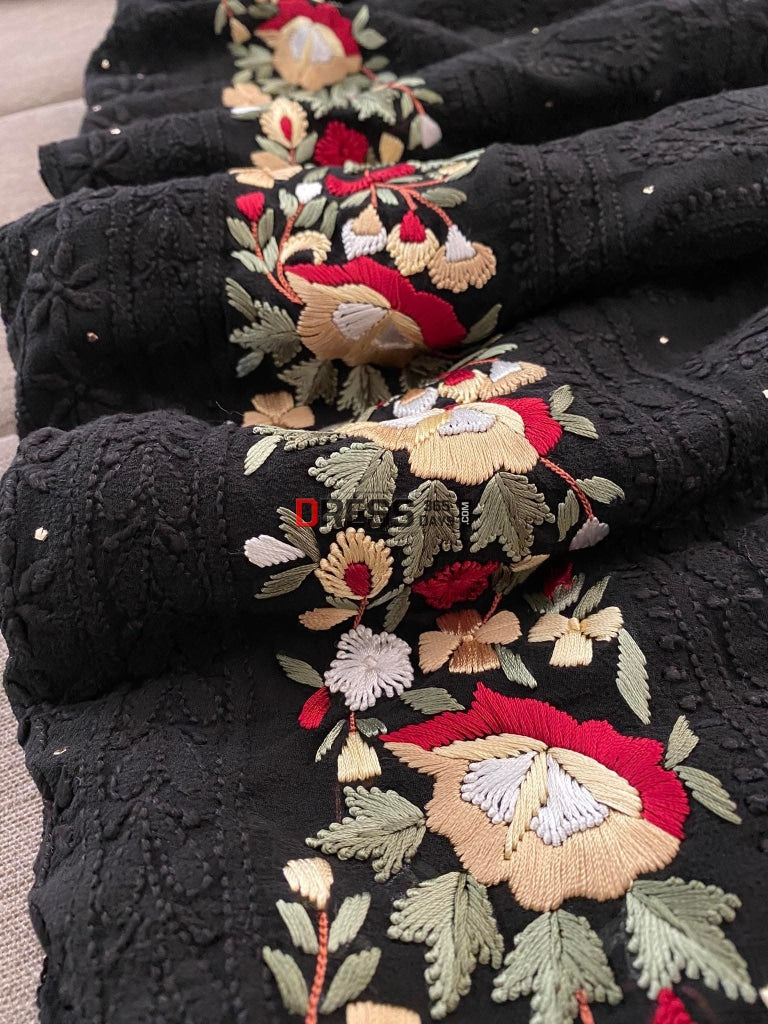 Black Chikankari Parsi Gara Daaman Suit Suits