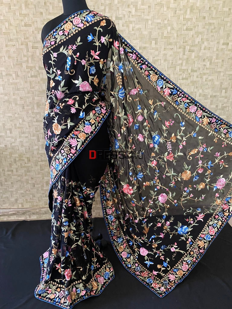 Black Floral Parsi Gara Pure Georgette Saree