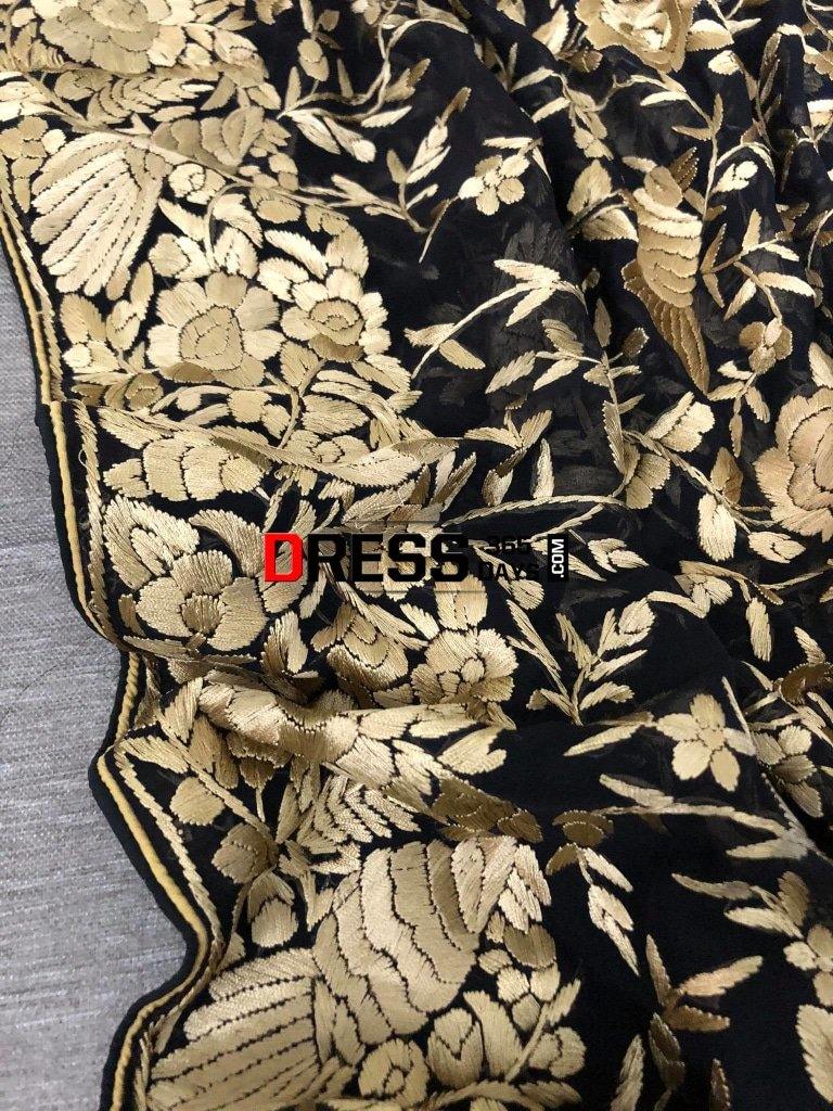 Black Gold Designer Hand Embroidered Dupatta Parsi Gara