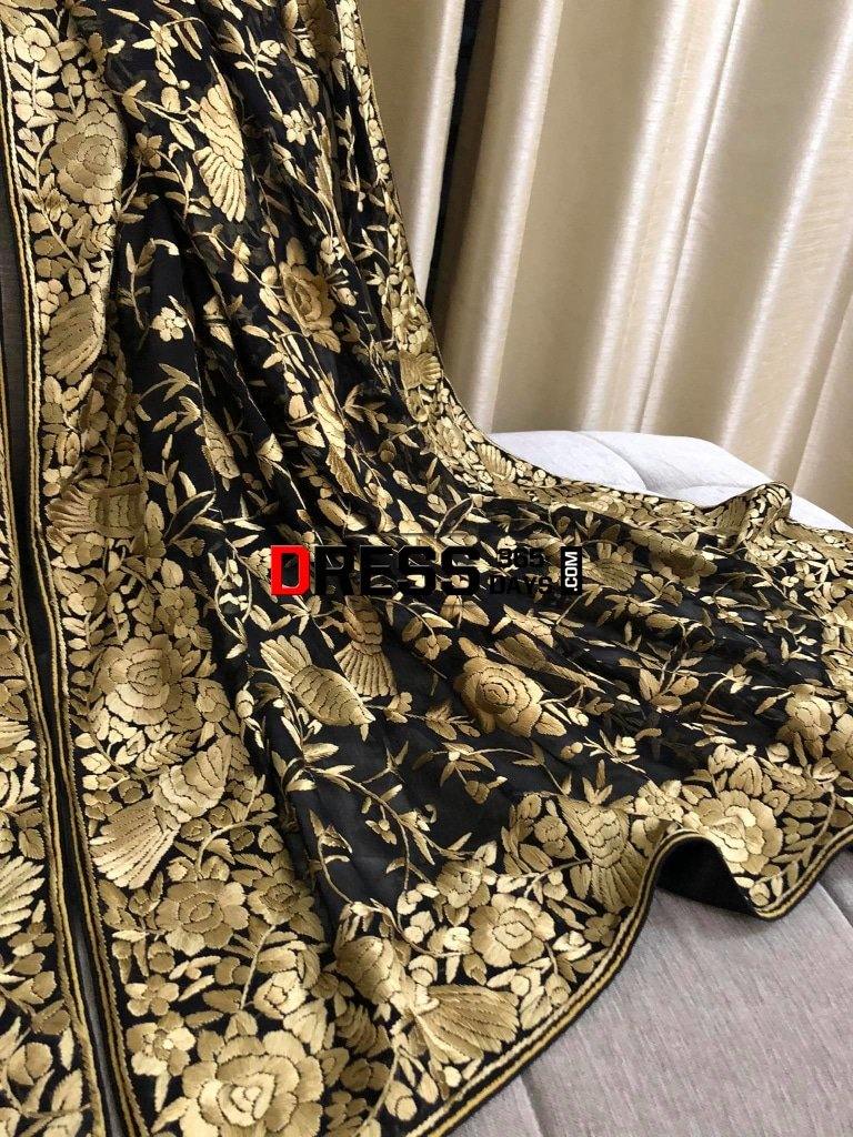 Black Gold Designer Hand Embroidered Dupatta Parsi Gara
