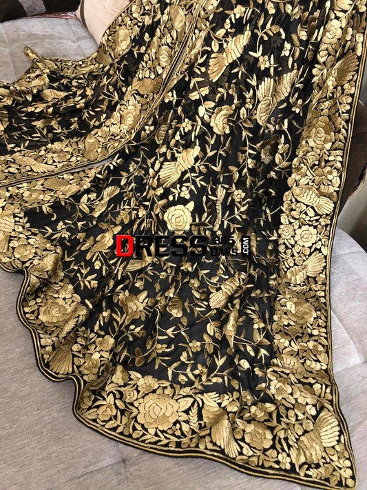 Black Gold Designer Hand Embroidered Dupatta Parsi Gara