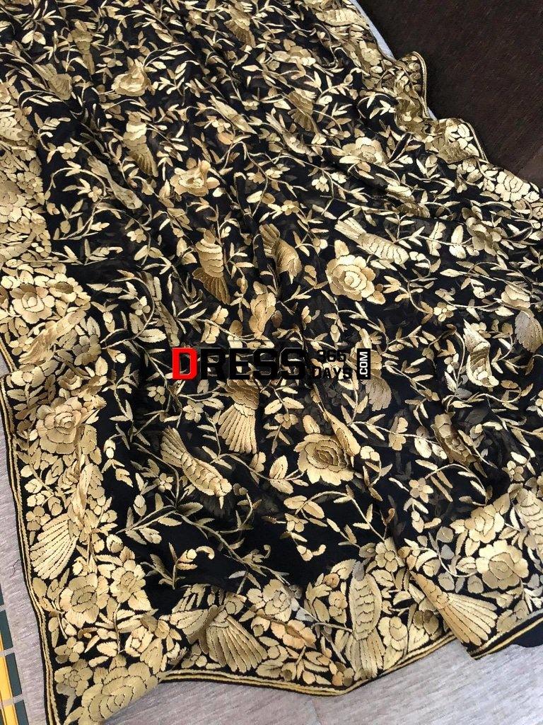 Black Gold Designer Hand Embroidered Dupatta Parsi Gara