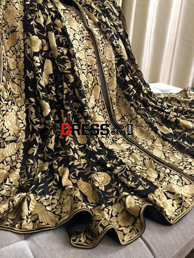 Black Gold Designer Hand Embroidered Dupatta Parsi Gara