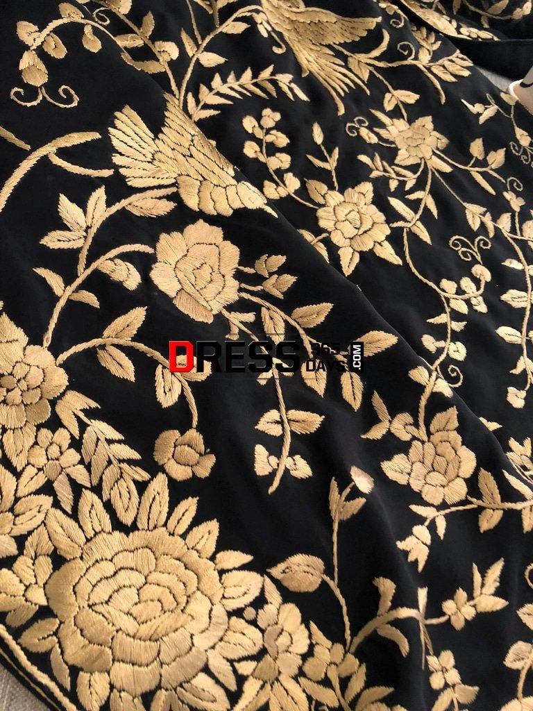 Black Gold Hand Embroidered Parsi Gara Suit (Three Piece) Suits