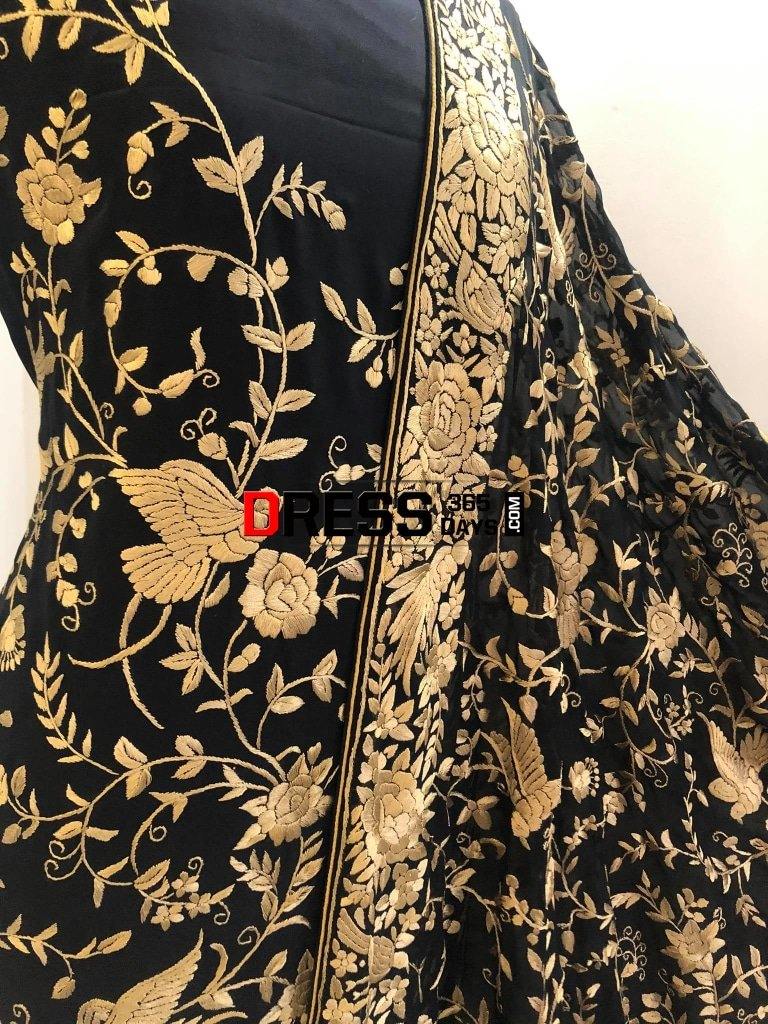 Black Gold Hand Embroidered Parsi Gara Suit (Three Piece) Suits