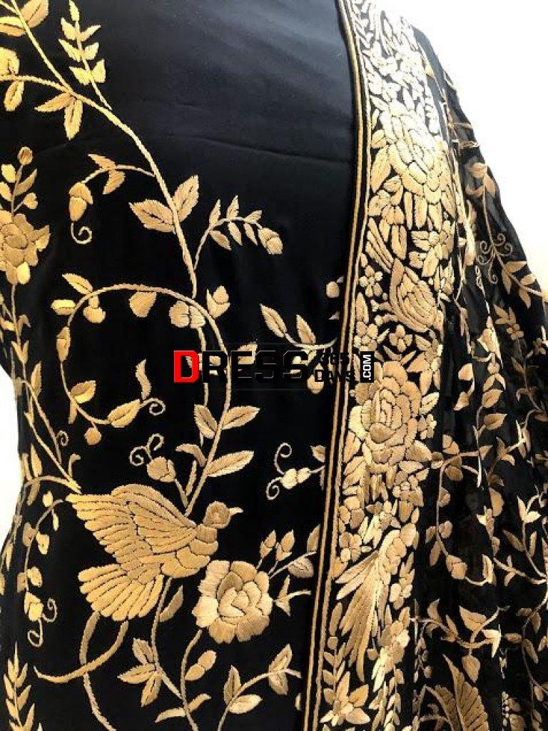 Black Gold Hand Embroidered Parsi Gara Suit (Three Piece) Suits