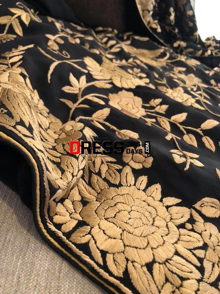 Black Gold Hand Embroidered Parsi Gara Suit (Three Piece) Suits